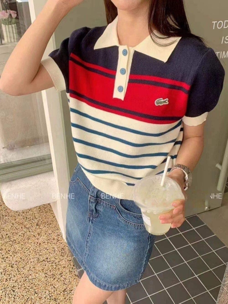 Áo Lacoste mongtogi cổ polo kẻ ngang 2 màu navy, hồng