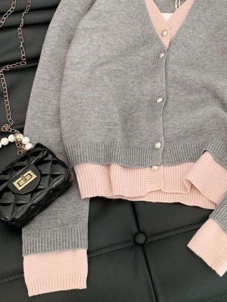Áo cardigan len màu xám phối hồng cho nữ