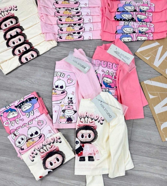 Set 3 áo dài tay cotton Labubu màu kem và hồng