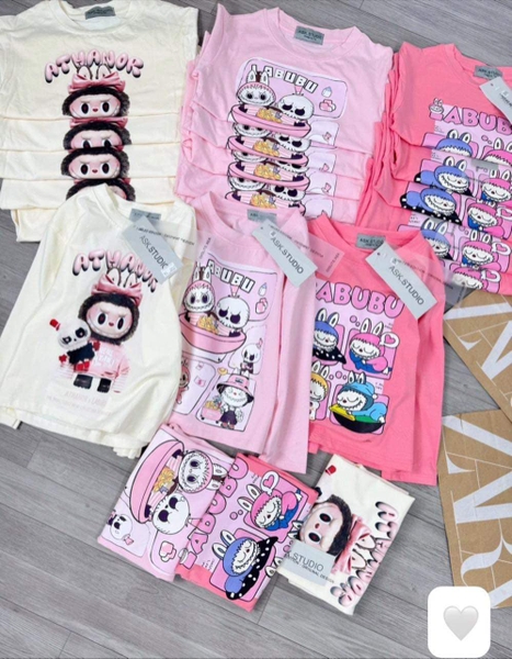 Set 3 áo dài tay cotton Labubu màu kem và hồng