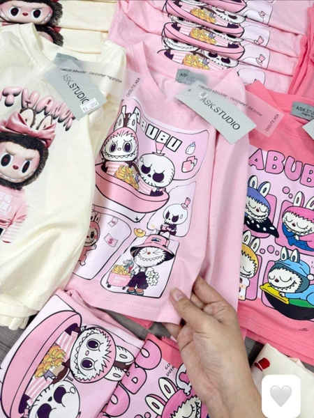 Set 3 áo dài tay cotton Labubu màu kem và hồng