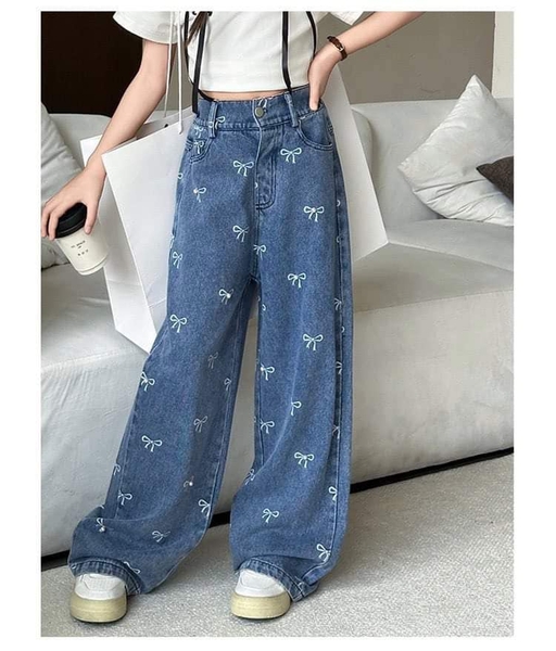 Quần jean ống loe dài họa tiết nơ size đại