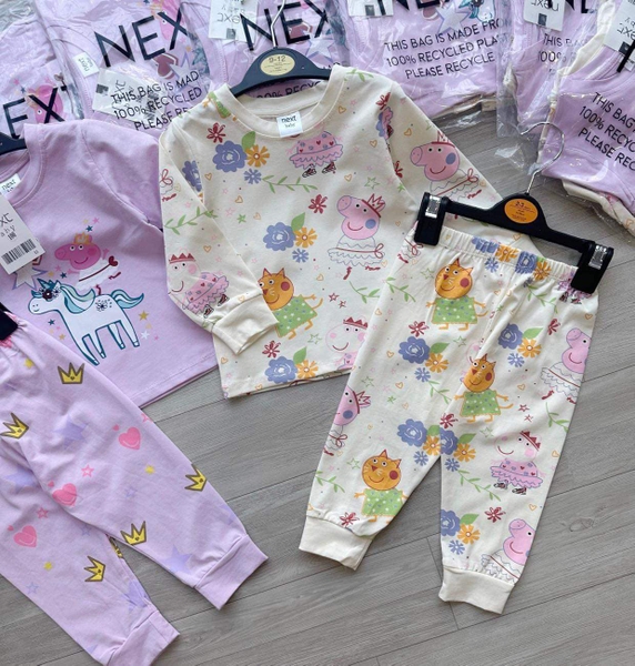 Set 2 bộ cotton dài tay Peppa tông tím - be