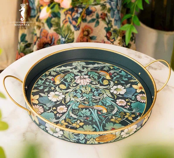Khay tròn để ly tách cafe, chén, dĩa cỏ quai cầm hãng Magrace