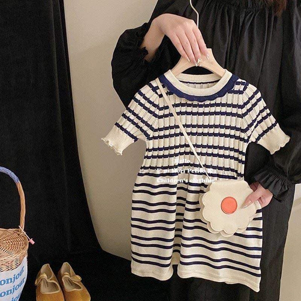 Váy len cộc tay cổ viền bèo style Hàn kẻ ngang navy trắng
