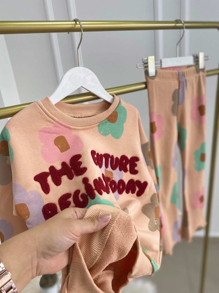 Bộ nỉ da cá dài tay Zara Girl quần thun tăm ống loe 3 mẫu hồng, trắng, cam