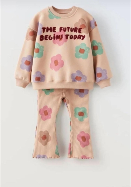 Bộ nỉ da cá dài tay Zara Girl quần thun tăm ống loe 3 mẫu hồng, trắng, cam