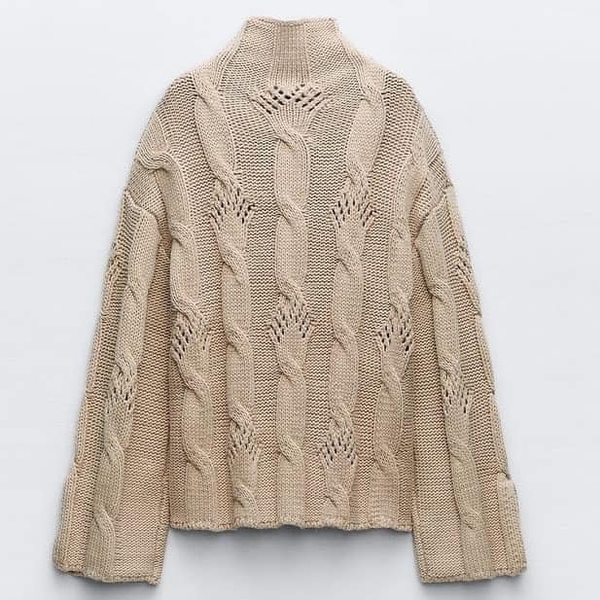 Áo len vặn thừng Zara nâu be cổ 5 phân