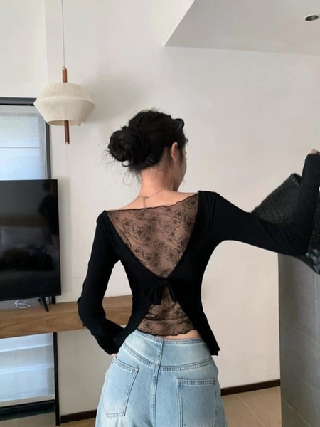 Áo dài tay đen nơ lưng ren cho nữ