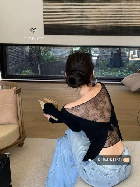 Áo dài tay đen nơ lưng ren cho nữ