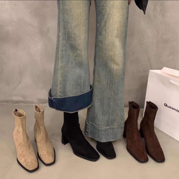 Boots da lộn gót 5 phân mũi vuông kéo khoá 2 màu be và nâu