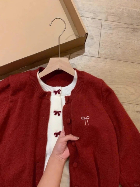 Áo khoác cardigan 2in1 nơ màu đỏ trắng