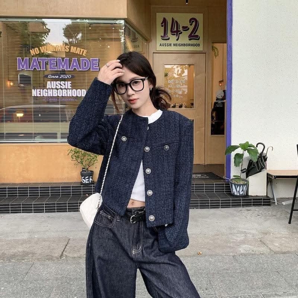Áo khoác dạ tweed khuy đồng 2 màu navy, đỏ