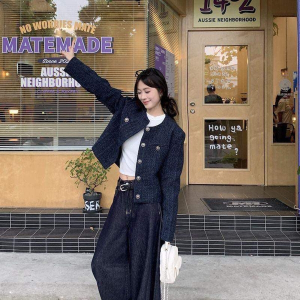 Áo khoác dạ tweed khuy đồng 2 màu navy, đỏ
