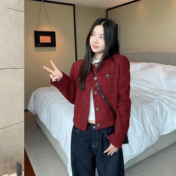 Áo khoác dạ tweed khuy đồng 2 màu navy, đỏ