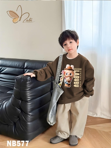 Bộ nỉ Labubu Bradon hãng Nabi bé trai áo nỉ nâu phối quần nhung nâu be