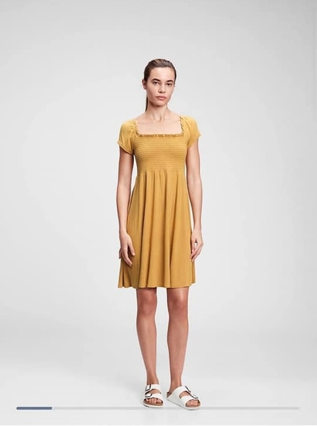 Váy cotton Gap mẹ smock ngực 3 màu xanh rêu, vàng, da báo