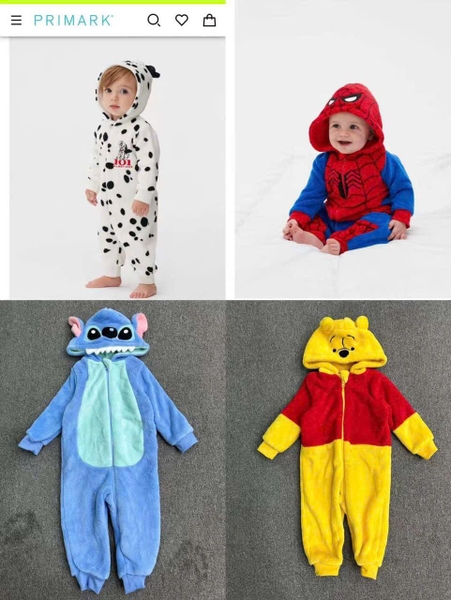 Body lông Primark dư xịn mẫu Chó đốm, gấu Pooh, Spiderman, Stich