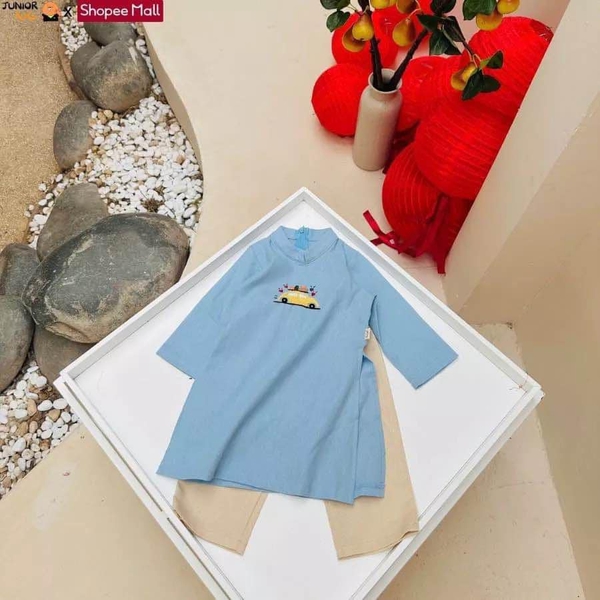 Áo dài bé trai linen thêu hình Ô tô 3 màu