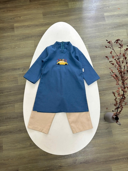 Áo dài bé trai linen thêu hình Ô tô 3 màu
