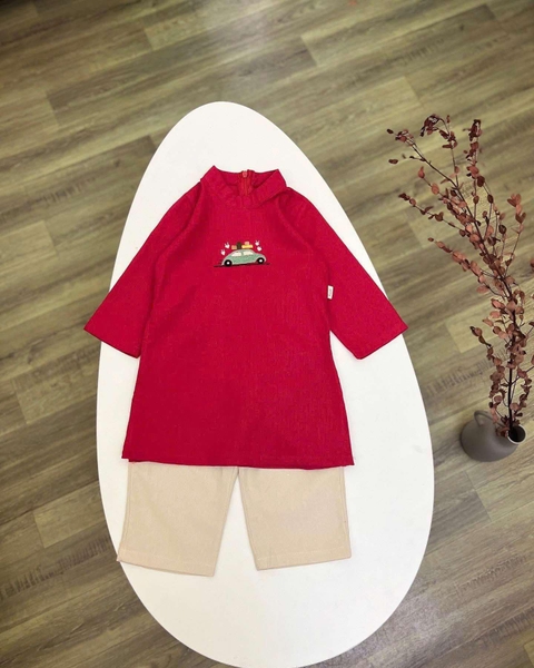 Áo dài bé trai linen thêu hình Ô tô 3 màu