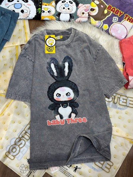 Áo phông 2 màu XÁM và XANH cotton cộc tay loang IOSTEE hình Baby Three THỎ