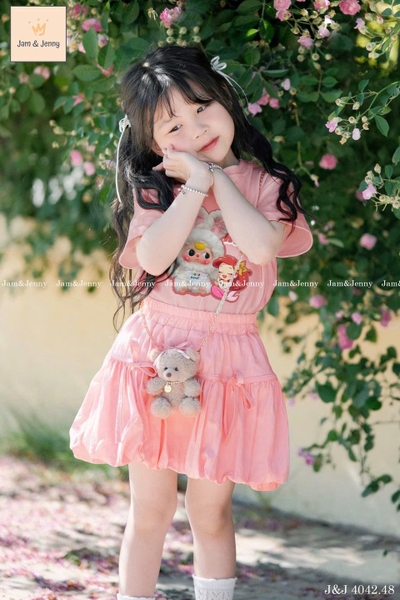 Bộ cotton cộc tay Jam&jenny chân váy nơ Baby Three và Ariel màu hồng cam