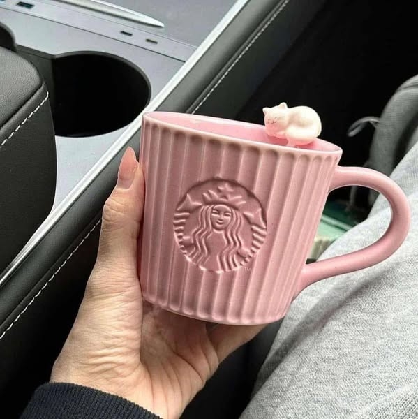 Cốc sứ Starbucks charm mèo 300ml màu HỒNG