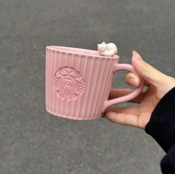 Cốc sứ Starbucks charm mèo 300ml màu HỒNG