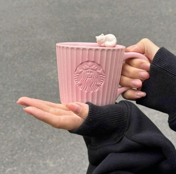 Cốc sứ Starbucks charm mèo 300ml màu HỒNG