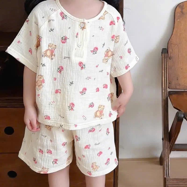 Bộ áo cộc quần sooc xô đũi 2 màu xanh, hồng hình gấu