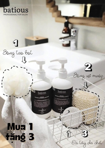 Combo dầu gội và dầu xả Batious 3 màu 500ml kèm 3 món gồm đá kì da, bông tạo bọt, bông tắm