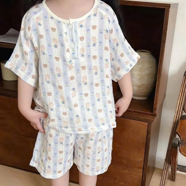 Bộ áo cộc quần sooc xô đũi 2 màu xanh, hồng hình gấu