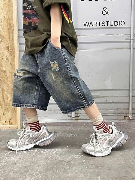 Quần short jean rách dáng lửng bé trai size đại Super Baby