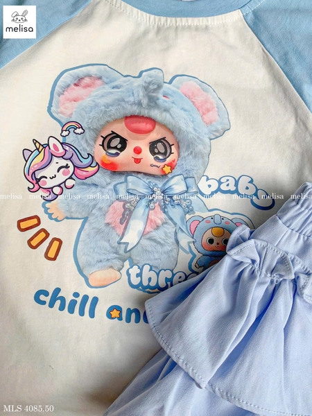 Bộ cotton cộc tay Melisa baby three chân váy bồng màu xanh dương-trắng