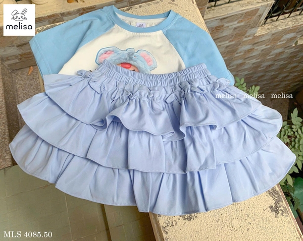 Bộ cotton cộc tay Melisa baby three chân váy bồng màu xanh dương-trắng
