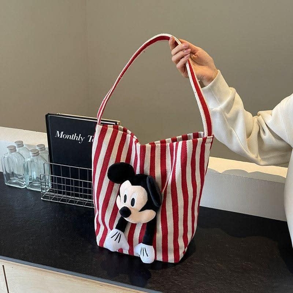 Túi tote Mickey kẻ sọc màu đen và đỏ