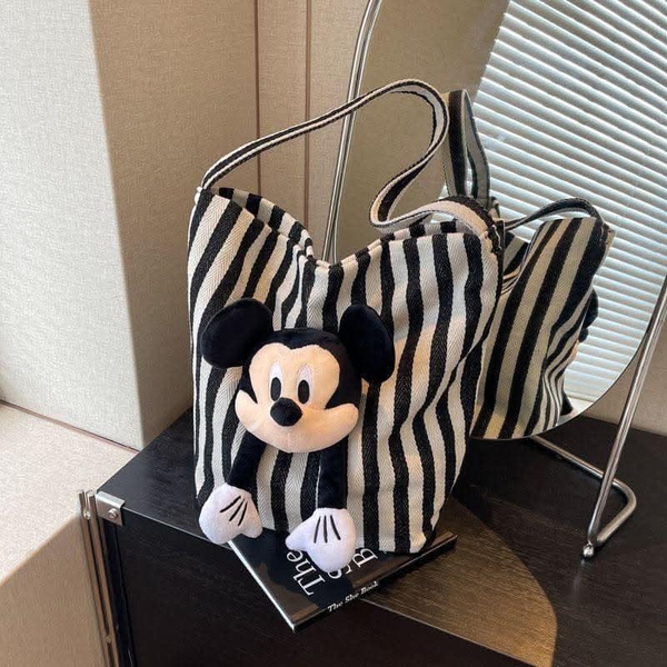 Túi tote Mickey kẻ sọc màu đen và đỏ