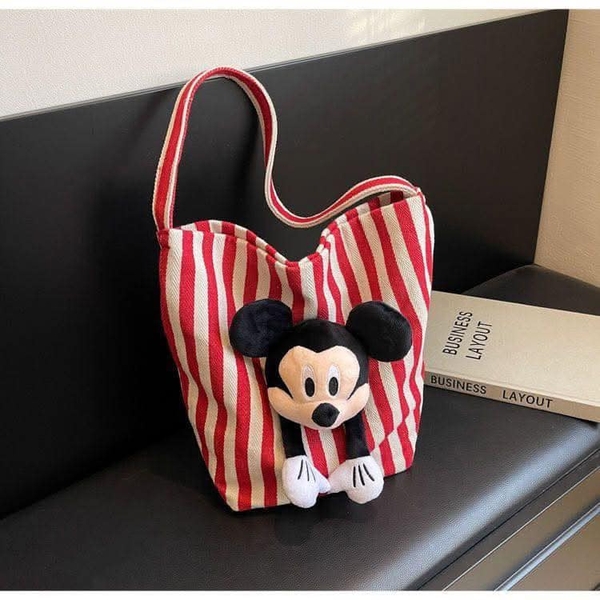 Túi tote Mickey kẻ sọc màu đen và đỏ