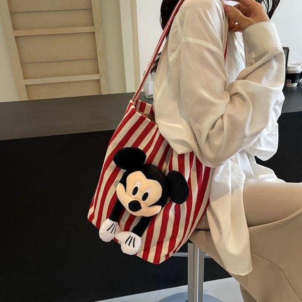 Túi tote Mickey kẻ sọc màu đen và đỏ