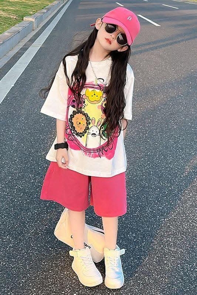 Bộ cotton Smile áo cộc tay 2 màu hồng, trắng cổ tròn mix quần hồng
