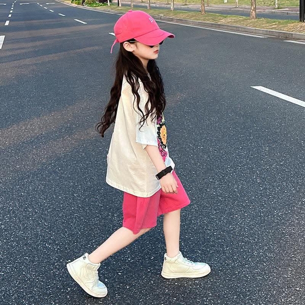 Bộ cotton Smile áo cộc tay 2 màu hồng, trắng cổ tròn mix quần hồng