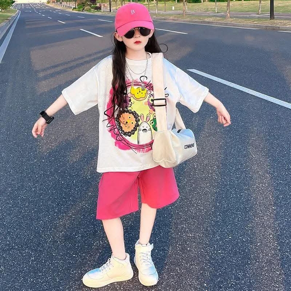 Bộ cotton Smile áo cộc tay 2 màu hồng, trắng cổ tròn mix quần hồng