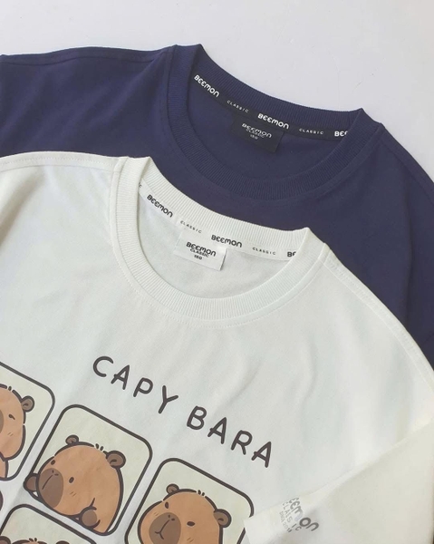 Áo phông cotton Capybara Beemon cộc tay 2 màu xanh và trắng
