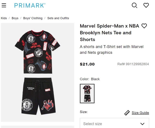Bộ cộc tay thoáng khí Primark Spiderman Brooklyn Nets màu ĐEN