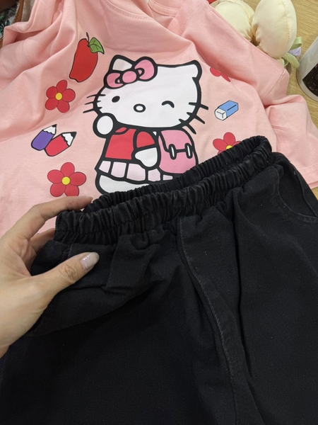 Bộ cộc tay Hello Kitty Elaine áo HỒNG CAM quần short jean đen