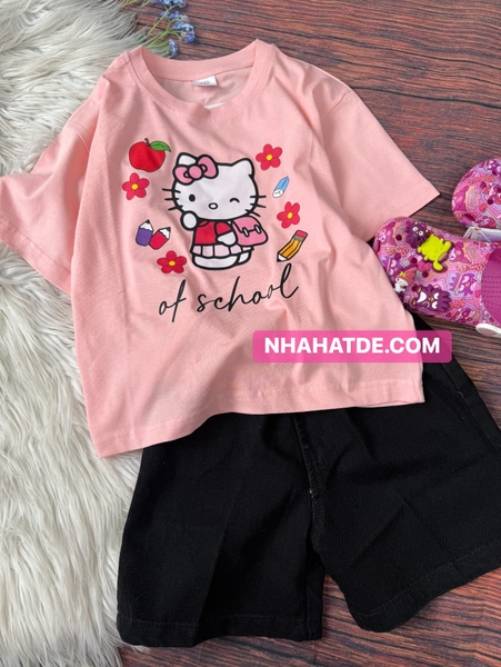 Bộ cộc tay Hello Kitty Elaine áo HỒNG CAM quần short jean đen