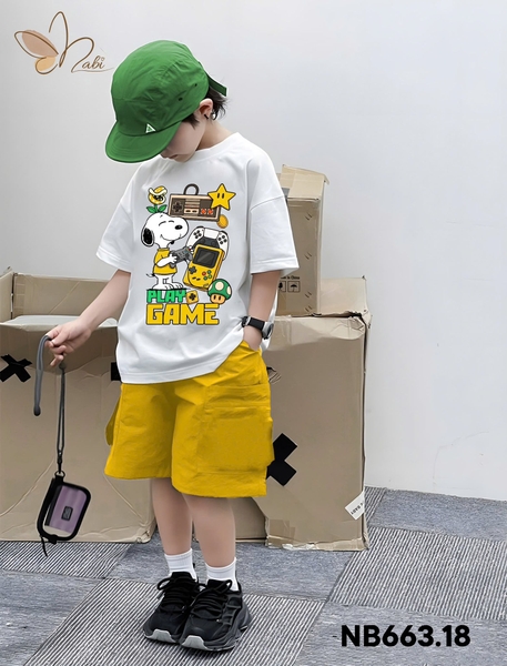 Bộ cộc tay Snoopy Play Game Nabi áo TRẮNG quần short vàng