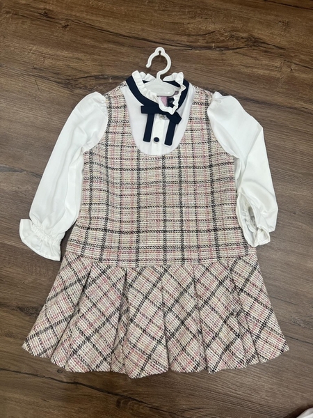 Váy dạ tweed nhũ caro hồng nâu tay phối bo chun Little Bobdog
