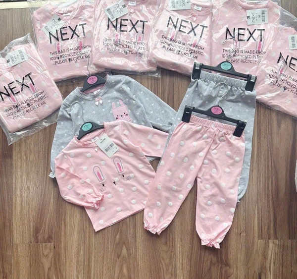Set 2 bộ cotton dài tay chấm bi thỏ tông hồng, ghi